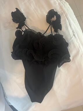 Sexy Black Ruffle-Detail Bodysuit for Women